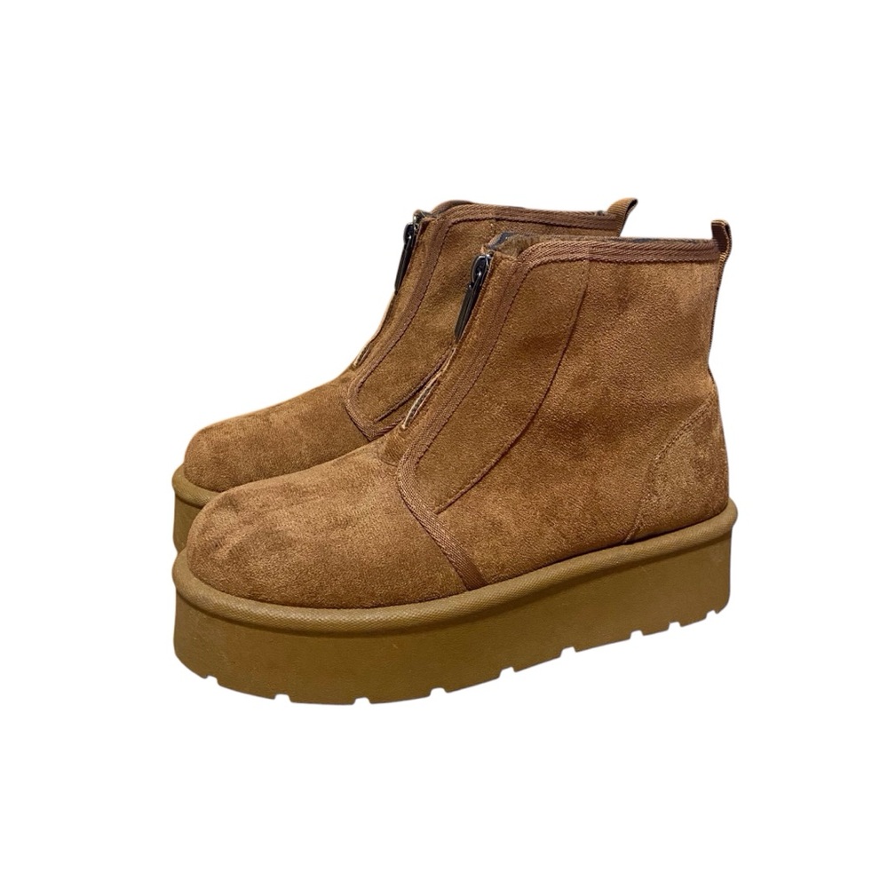 Rouge Helium Platform Zip Front Suede Camel Brown Ankle Boots